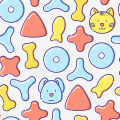 Pet food seamless pattern with thin line icons of dry food in different shapes and cute dog and cat. Modern vector illustration.