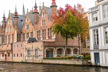 Brugge, Belgium - November, 2017. Brugge medieval historic city. Brugge streets and historic center. canals and buildings. Brugge popular touristic destination of Belgium.