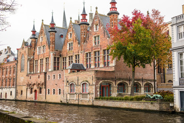 Brugge, Belgium - November, 2017. Brugge medieval historic city. Brugge streets and historic center. canals and buildings. Brugge popular touristic destination of Belgium.
