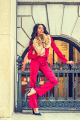 Obraz premium African American Woman Fashion in New York. Lady dressing in red slim fashionable jacket, pants, black high heel pumps shoes, faux fur collar scarf on shoulder, stands by railing. Filtered effect..