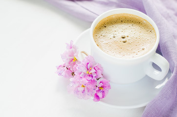 White cup of morning coffee or cappuccino.