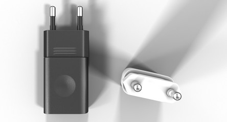 3D rendering - black and white wall charger plug isolated on a white background.