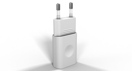 3D rendering - white wall charger plug isolated on a white background.