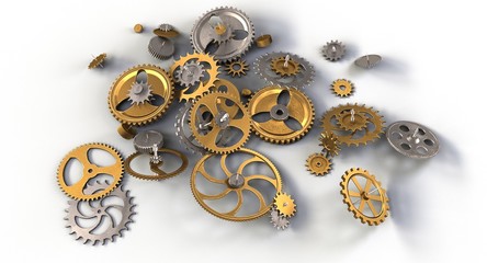 3D rendering -  group of bronze and steel gears isolated on white background.