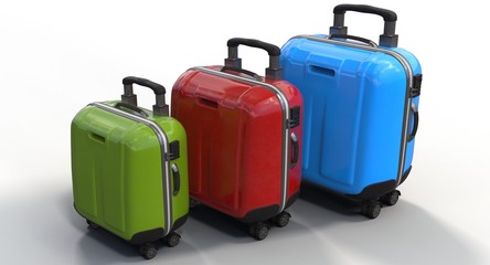 3D rendering -  group consisting of three polycarbonate colorful suitcases different sizes isolated on white background.