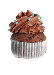 Tasty chocolate cupcake on white background