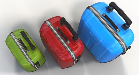 3D rendering -  group consisting of three polycarbonate colorful suitcases different sizes isolated on white background.