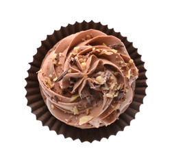 Tasty chocolate cupcake on white background