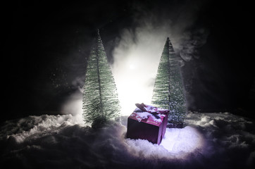 Red Christmas gift box and fir tree on snow. Christmas home decoration with snow and tree on a dark background with copy space