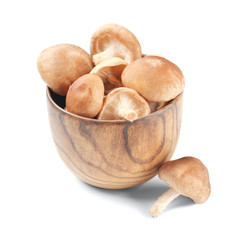 Raw shiitake mushrooms in bowl, isolated on white