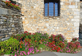 Fototapeta na wymiar Wall and flowers in Landskron, Austria