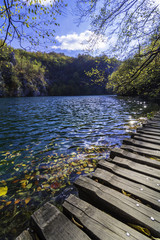 Footpath along lake at Plitvice Lakes National Park, Croatia.