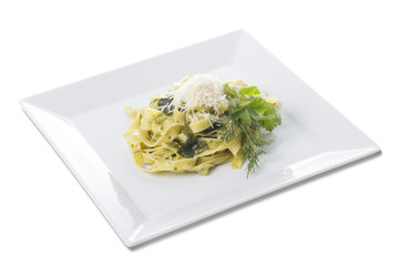Fettuccine pasta with pesto and parmesan.