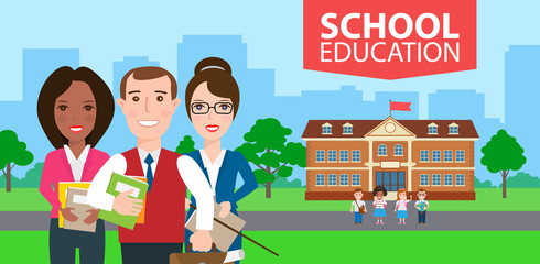 school education banner with teachers and pupils