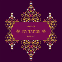 Wedding Invitation card templates with gold patterned and crystals on background color. 