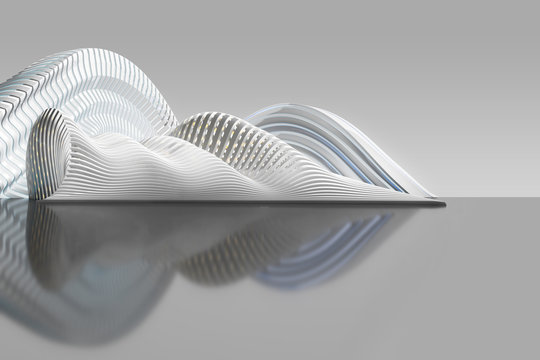 Concept of white abstract architecture. Futuristic building of wavy shape. 3d illustration.