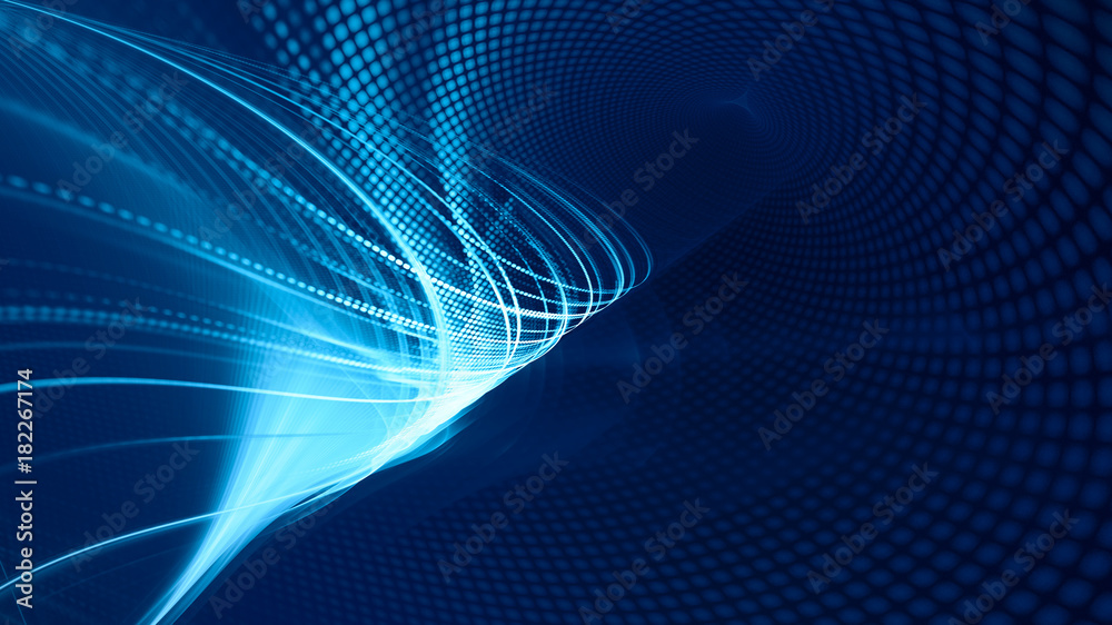 Aufkleber Abstract blue background element on black. Fractal graphics. Three-dimensional composition of glowing lines and mosaic halftone effects. Wide format high resolution image.