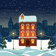 Naklejka premium Merry Christmas and Happy New Year snowy city Background with Winter City Landscape. cozy house and trees. Christmas eve in old town. Christmas greeting card background poster. Vector illustration