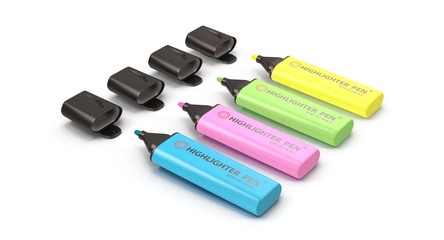 3D rendering - set of colorful highlighter pens isolated on white background.