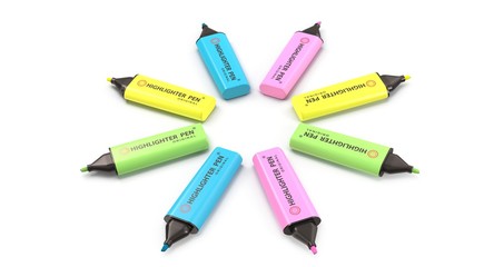 3D rendering - set of colorful highlighter pens isolated on white background.