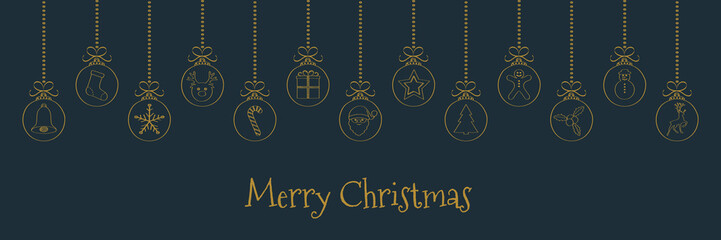 Naklejka premium Christmas banner with wishes and hanging balls with hand drawn decorations. Vector.