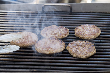 Grilled meat / pork burgers, grill, smoke and light aroma - Cooking grill burgers process