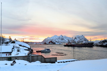 SE.-wards view-sunrise over Svolvaer fishing port-Litlmolla island in background. Lofoten-Nordland-Norway.0601