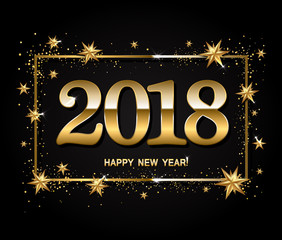 Happy new year design layout on black background with 2018 and gold stas. Vector illustration