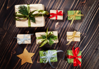 Fototapeta premium Christmas gift boxes collection for mock up template design. View from above. Flat lay.