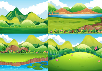 Four background scenes with green field and river