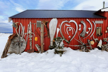 Eccentric ornate on rorbu-traditional fishing hut exterior. Straumnes-Vagan-Austvagoya-Lofoten-Norway. 0614