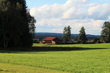 Wiesenlandschaft im Voralpenland mit Holzhütten, Allgäu, Bayern