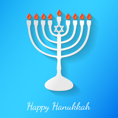 Happy Hanukkah - banner with menorah made of paper. Vector.