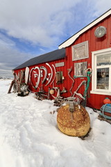 Eccentric ornate on rorbu-traditional fishing hut exterior. Straumnes-Vagan-Austvagoya-Lofoten-Norway. 0616