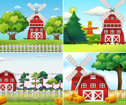 Four farm scenes with windmills and barns