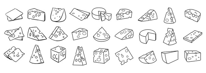 Cheese isolated on a white background, Hand drawn cheese outline vector illustration. Cheese sketch, doodle collection, Set of cheese icons - obrazy, fototapety, plakaty