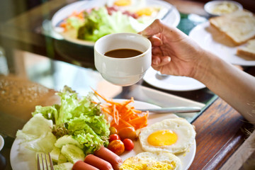 Coffee cup and food breakfast in the morning 