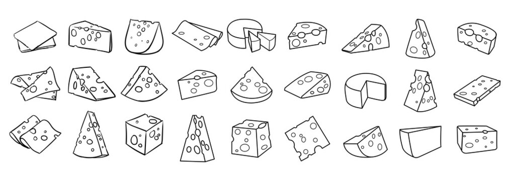 Cheese isolated on a white background, Hand drawn cheese outline vector illustration. Cheese sketch, doodle collection, Set of cheese icons