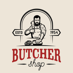Butchery. Butcher illustration. Design element for logo, label, emblem, sign. Vector illustration