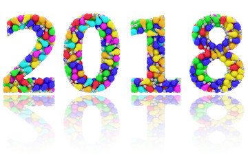 2018 digits composed of colorful lightbulbs on glossy white background