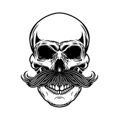 skull with moustache isolated on white background. Design element for poster, emblem, t shirt. Vector illustration