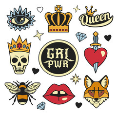 Naklejka premium Fashion patches collection. Vector illustration of medieval style female badges and symbols, such as crown, heart with dagger, skull in crown, fox face, lips, eye and bee. Isolated on background.