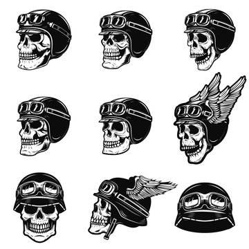 Set of the racer skulls isolated on white background. Skull in biker helmet. Design element for poster, emblem, t shirt. Vector illustration