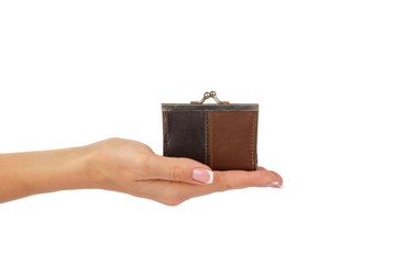 Little leather wallet in the hand, isolated