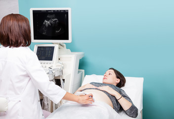 Doctor scanning young pregnant woman performing obstetric ultrasonography