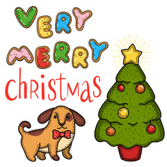 Hand drawn vector christmas greeting with christmas tree and a dog