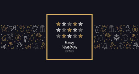 Fototapeta na wymiar christmas scribble stars card icon elements text greeting frame golden blue background