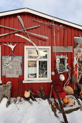 Eccentric ornate on rorbu-traditional fishing hut exterior. Straumnes-Vagan-Austvagoya-Lofoten-Norway. 0618
