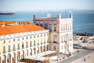 Top view on the Commerce square with Administration building tower in the centre of Lisbon city during the sunny day in Portugal
