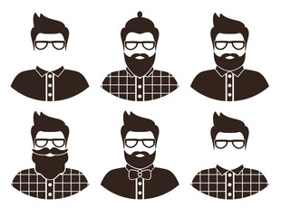 Set of hipster man silhouette, flat icon - a man with glasses, mustache and beard, wearing an in a plaid shirt and bow tie. Template for card, poster, banner, web-design, infographics elements.